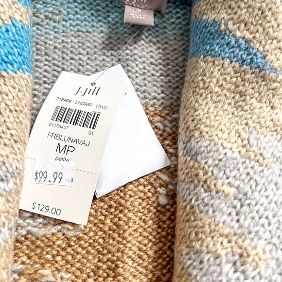 BNWT J.Jill Women Sz Medium Petite Aztec Boho Shawl Cardigan Sweater Blue Brown - Picture 6 of 8